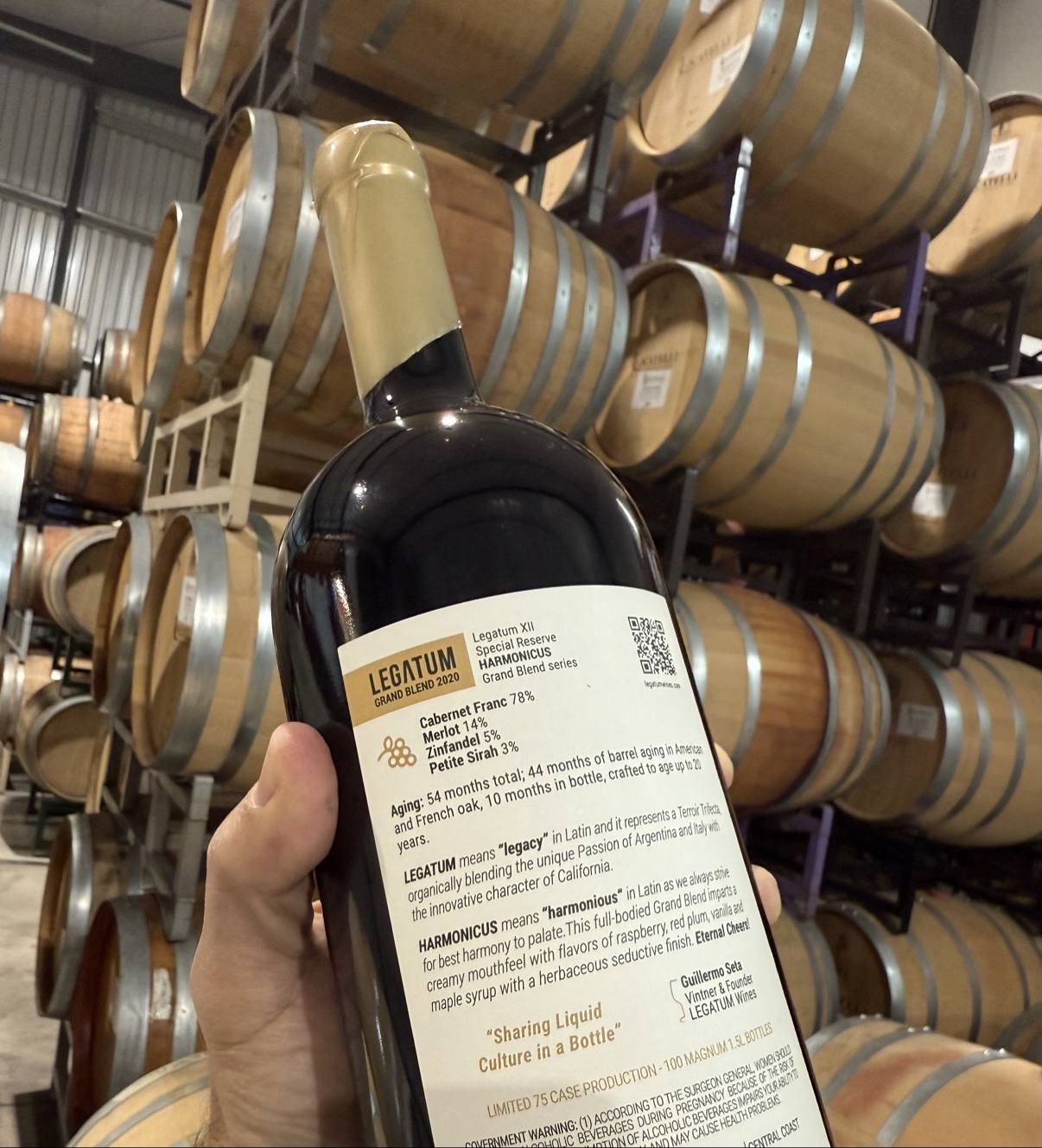 Back label of Legatum 2020 Harmonicus held in the barrel room