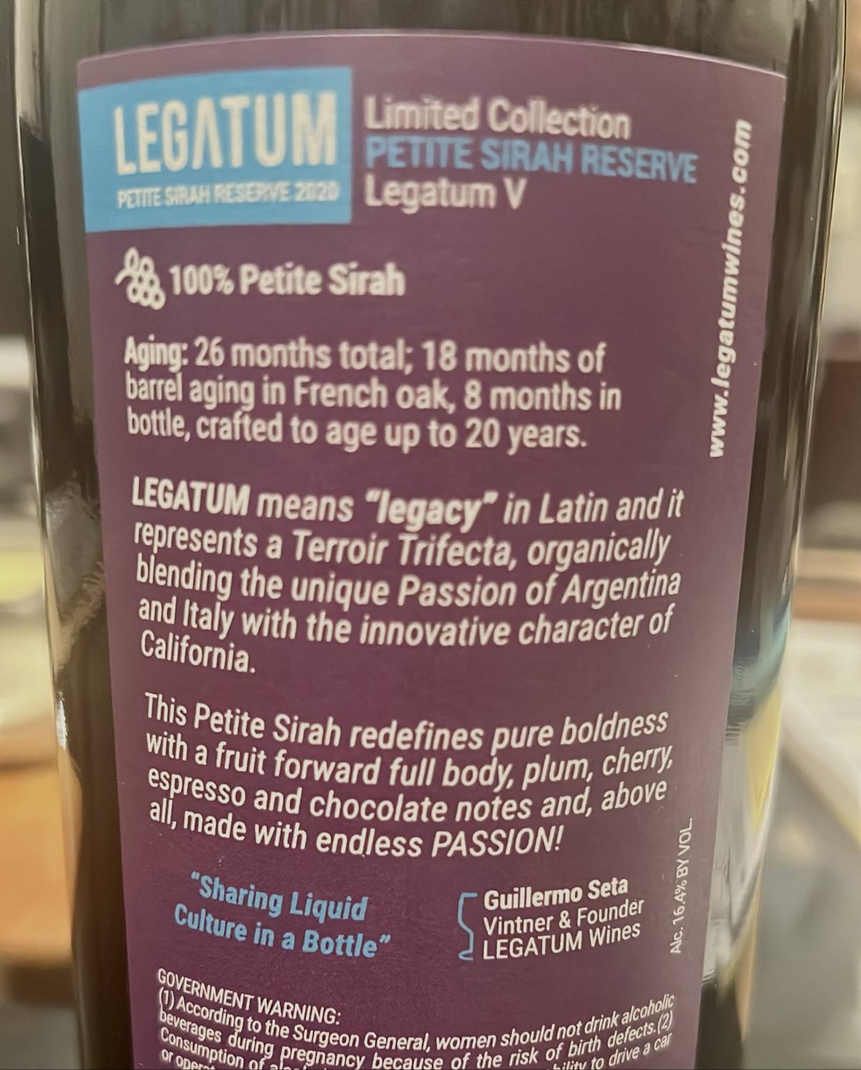 Back label of the Legatum 2020 Petite Sirah Reserve with aging and Terroir Trifecta story