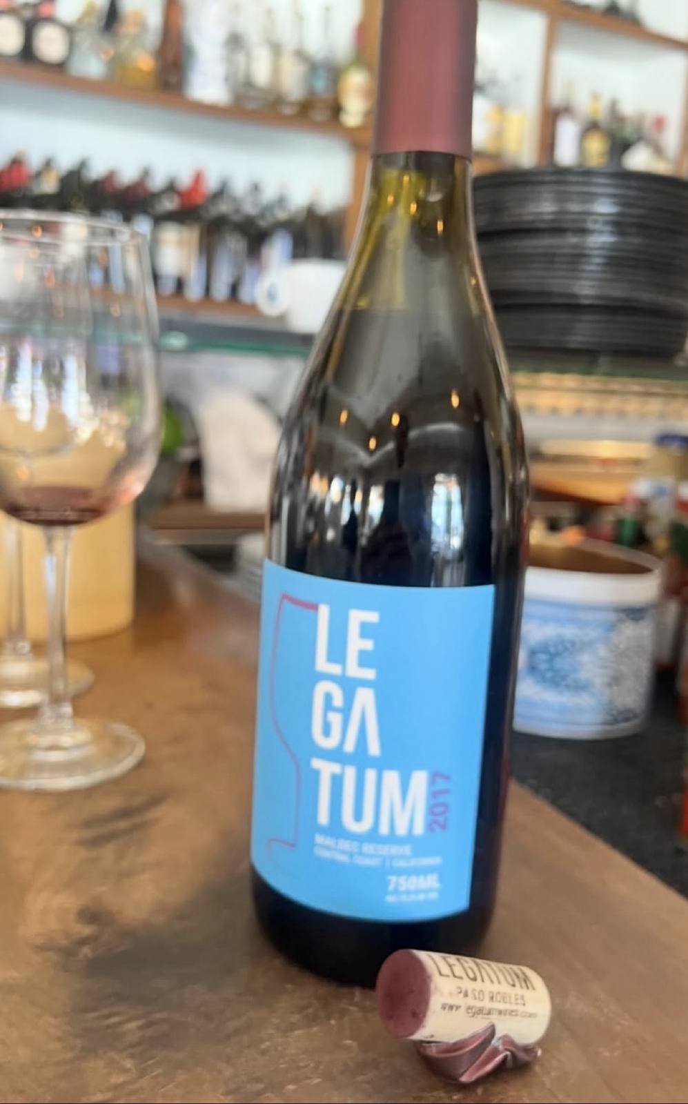 Legatum 2017 Malbec Reserve bottle with its cork