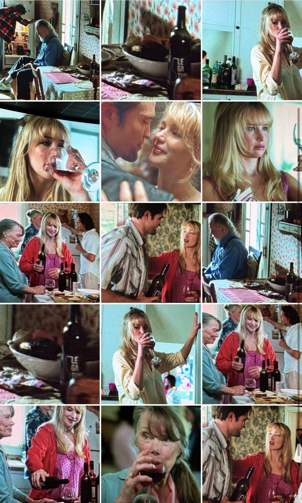 Film still collage from Die, My Love showing Legatum wine bottles and wine shared across several scenes